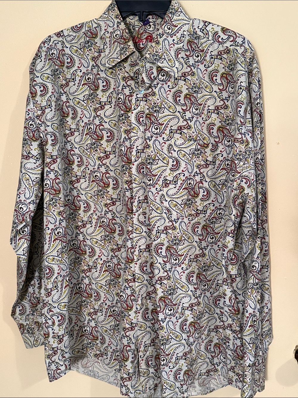 Alan Flusser White Paisley Shirt with Red & Gold Accents